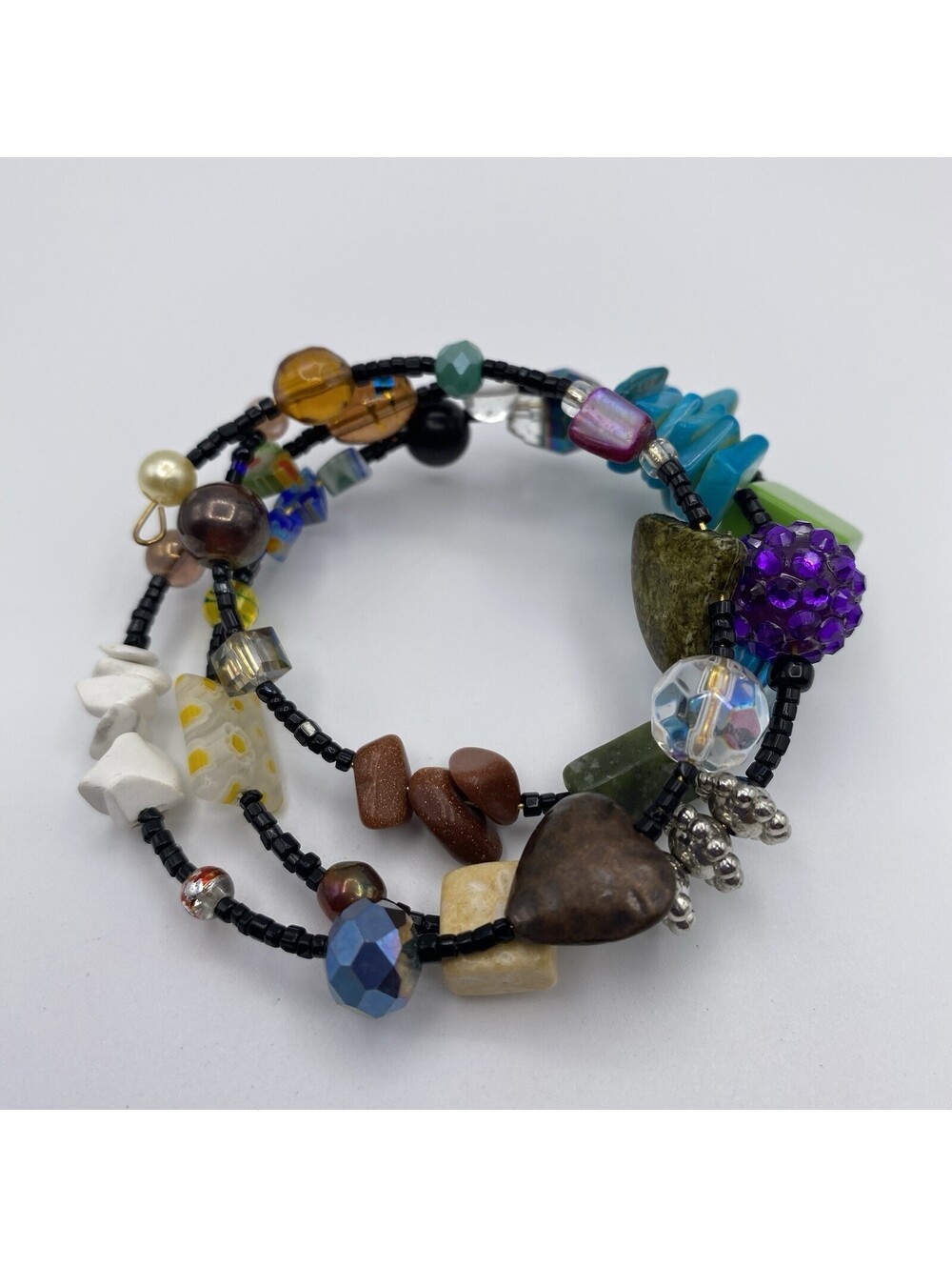 Boho Multi Strand Memory Wire Wrap Bracelet Colorful Eclectic Beads Cuff Slip on